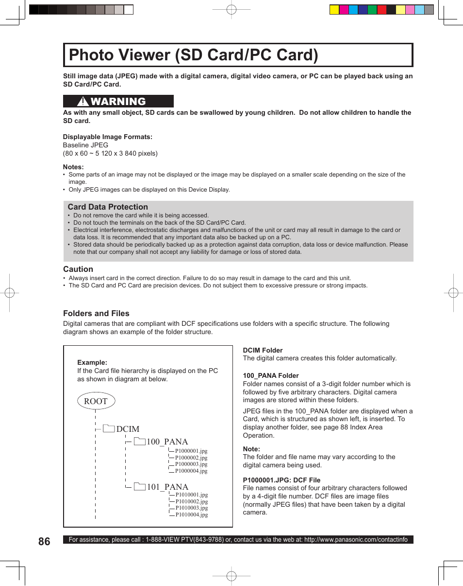 Photo viewer (sd card / pc card), Photo viewer (sd card/pc card), Warning | Panasonic PT 60LCX64 User Manual | Page 86 / 112