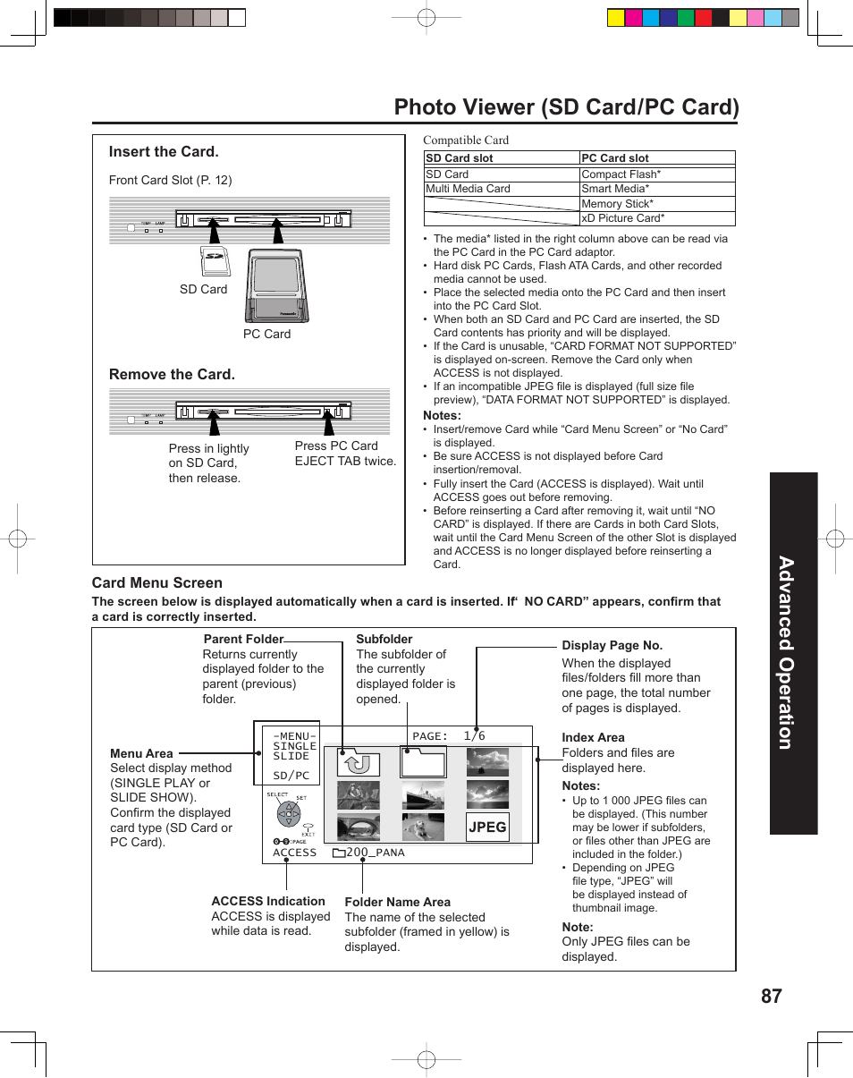 Photo viewer (sd card/pc card), 87 advanced op er a tion | Panasonic PT 60LCX64 User Manual | Page 87 / 112