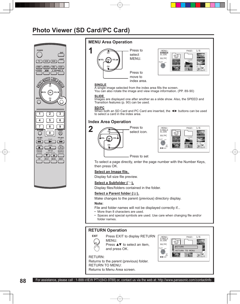 Photo viewer (sd card/pc card), Index area operation, Menu area operation | Return operation | Panasonic PT 60LCX64 User Manual | Page 88 / 112