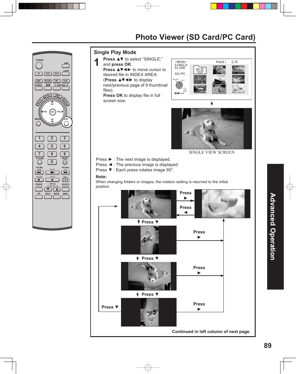 Photo viewer (sd card/pc card), 89 advanced op er a tion, Single play mode | Panasonic PT 60LCX64 User Manual | Page 89 / 112