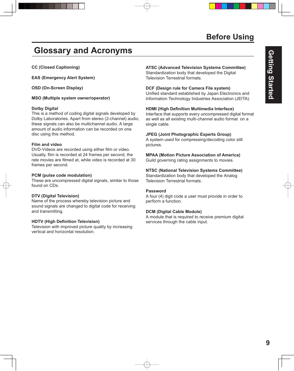 Glossary and acronyms, Before using, 9getting start ed | Panasonic PT 60LCX64 User Manual | Page 9 / 112