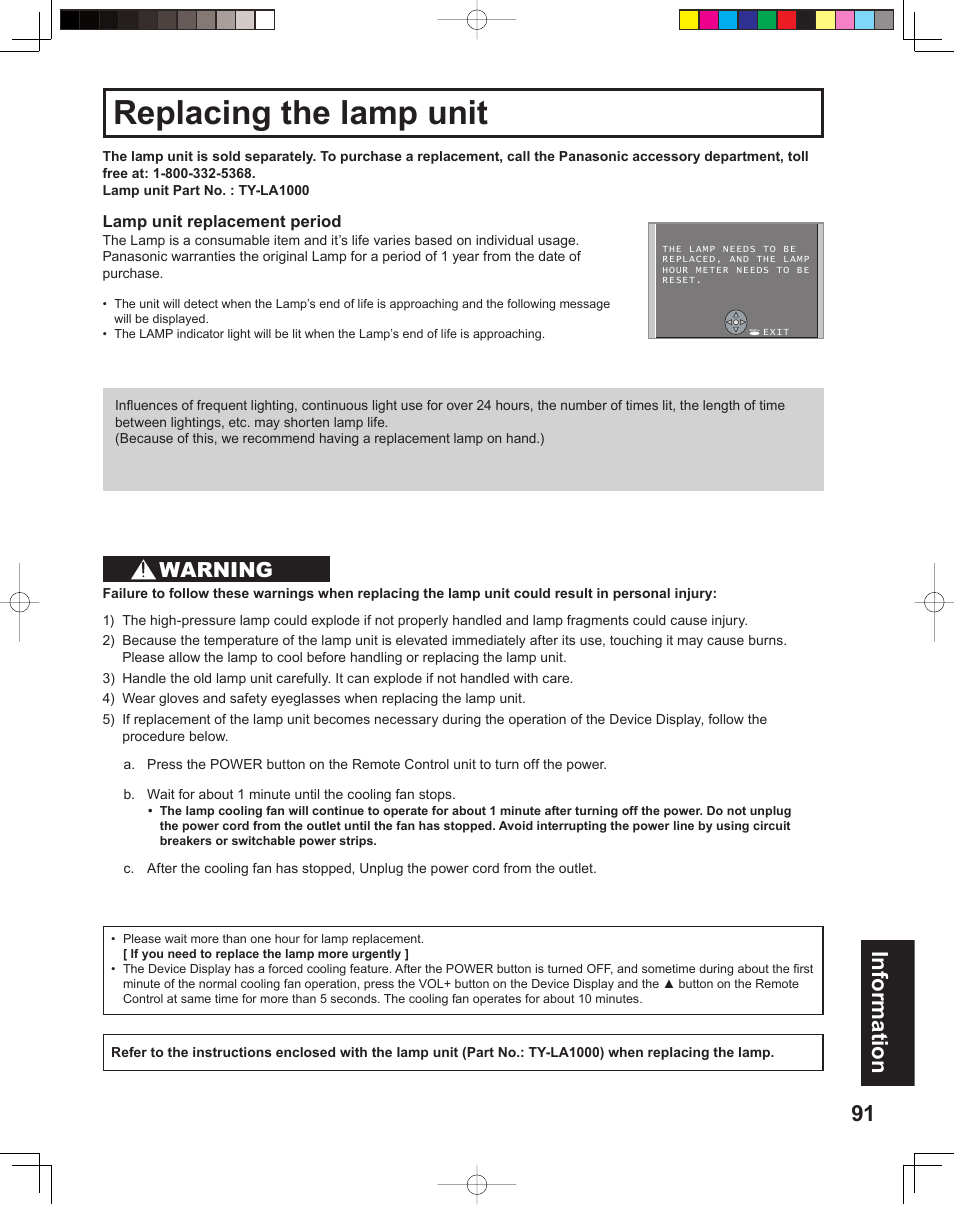Information, Replacing the lamp unit, 91 information | Warning | Panasonic PT 60LCX64 User Manual | Page 91 / 112
