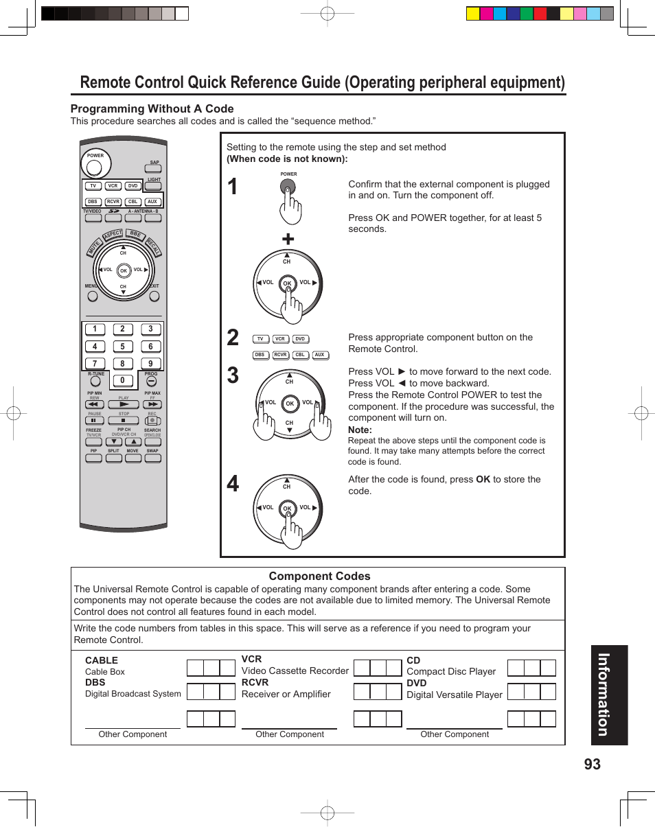 93 information, Component codes, Programming without a code | Panasonic PT 60LCX64 User Manual | Page 93 / 112