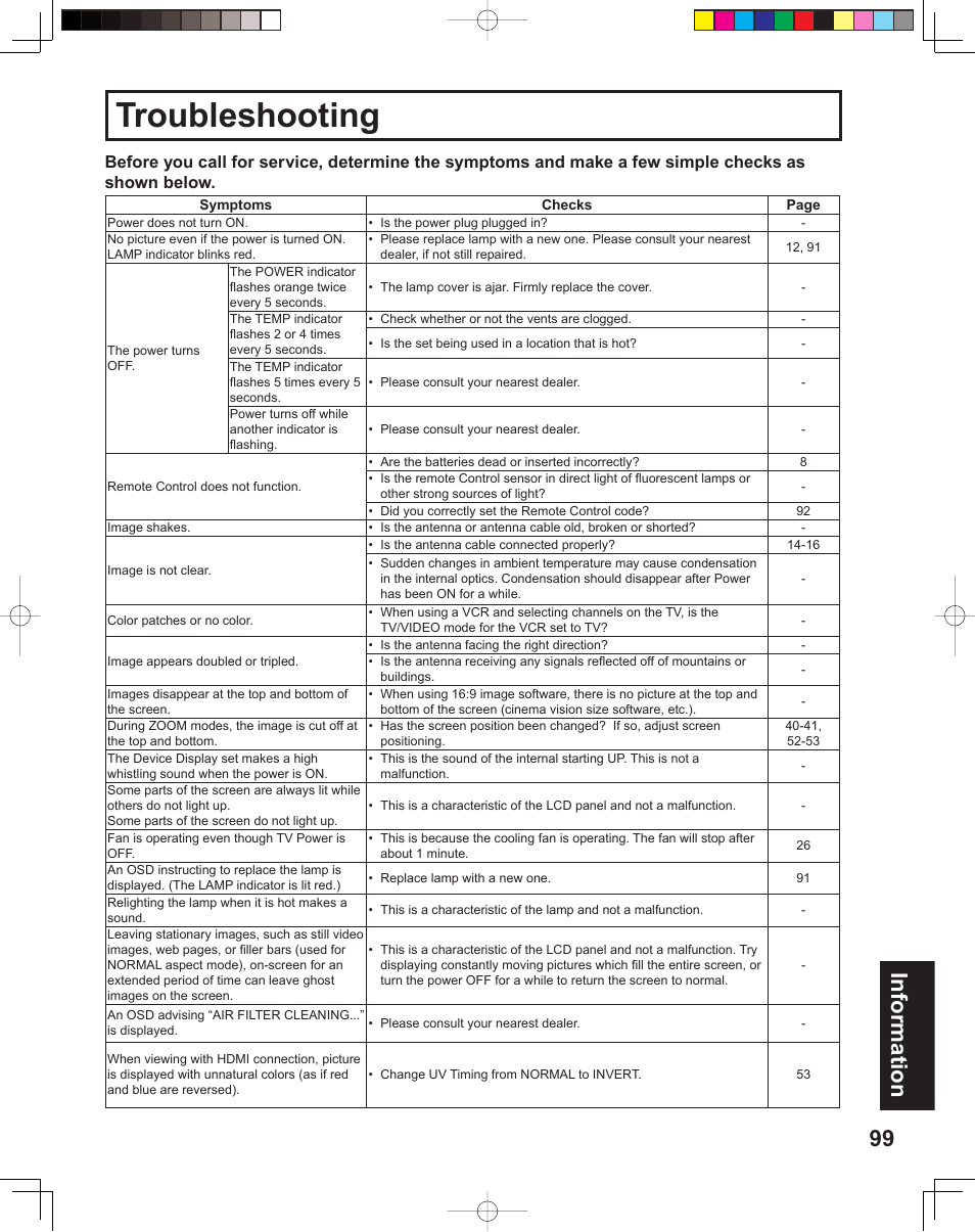 Troubleshooting, 99 information | Panasonic PT 60LCX64 User Manual | Page 99 / 112