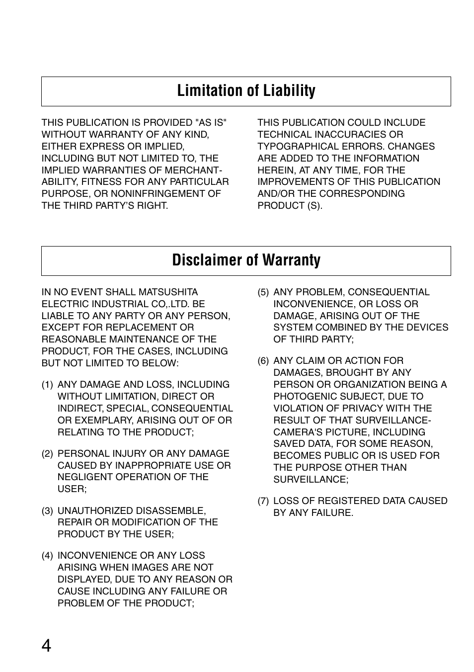 Limitation of liability disclaimer of warranty | Panasonic SD WV-NW484S User Manual | Page 4 / 50