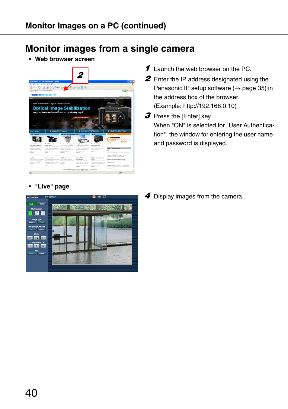 Monitor images from a single camera, Monitor images on a pc (continued) | Panasonic SD WV-NW484S User Manual | Page 40 / 50