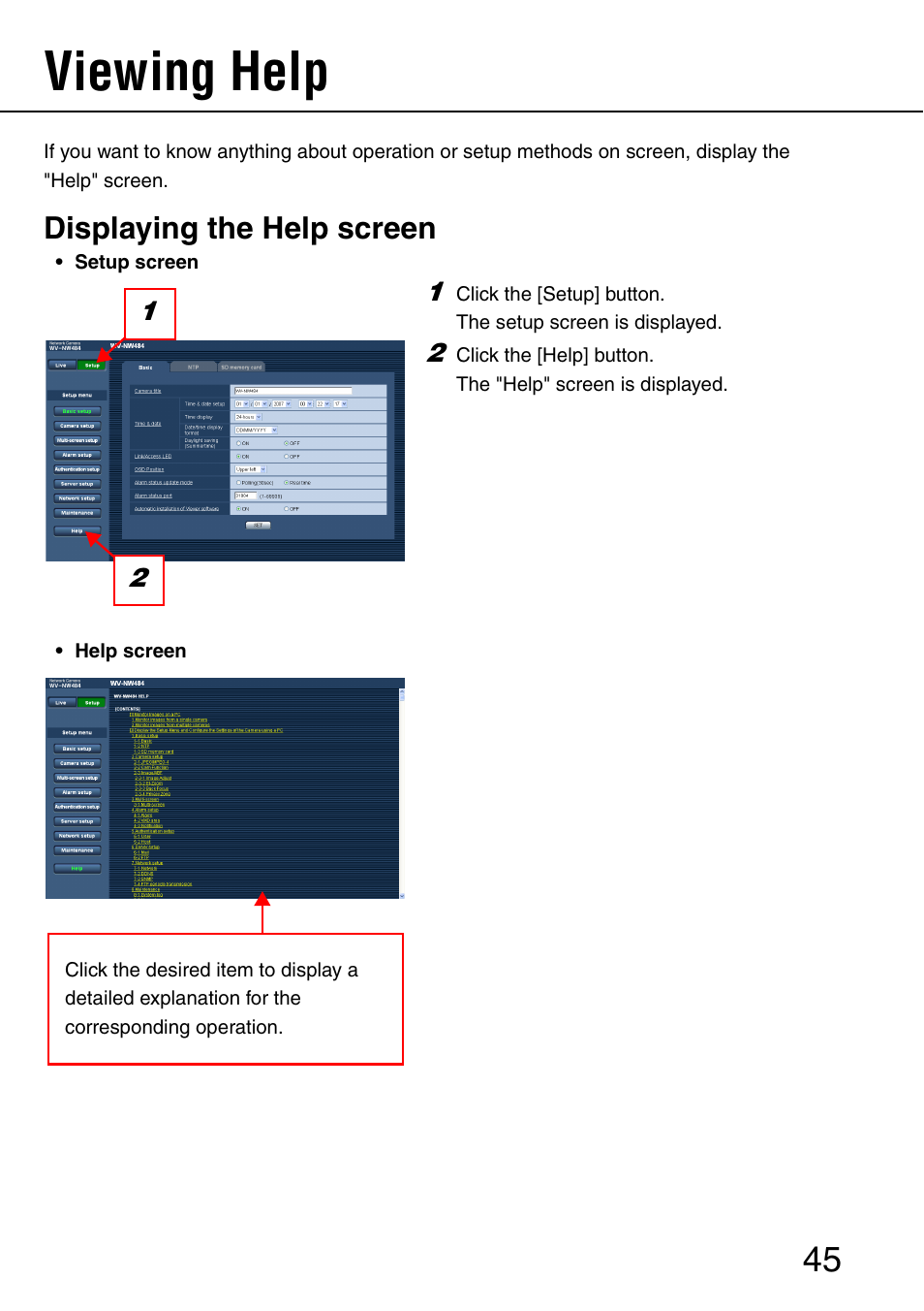 Viewing help, Displaying the help screen | Panasonic SD WV-NW484S User Manual | Page 45 / 50