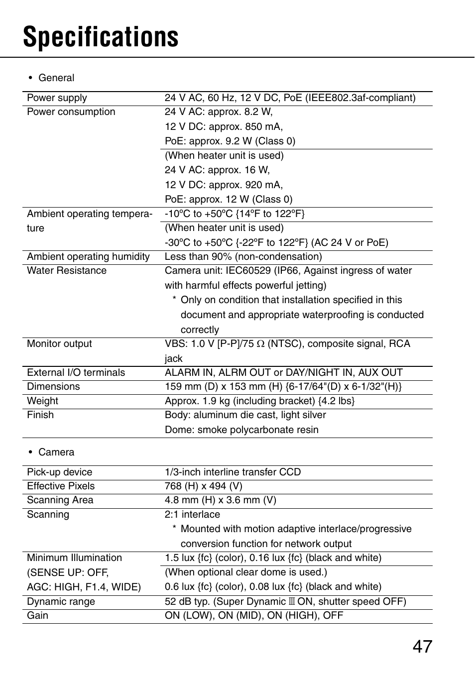 Specifications | Panasonic SD WV-NW484S User Manual | Page 47 / 50