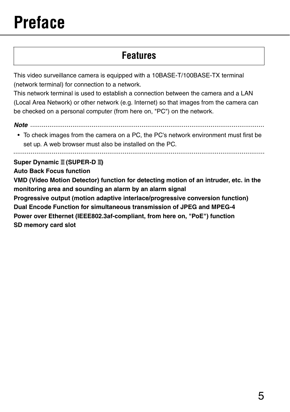 Preface, Features | Panasonic SD WV-NW484S User Manual | Page 5 / 50