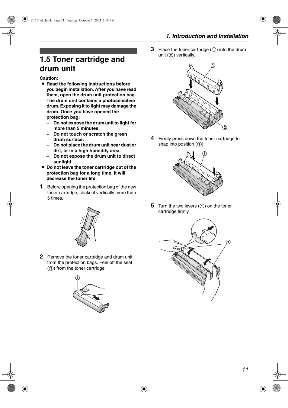 Installation, 5 toner cartridge and drum unit, Toner cartridge and drum unit | 5 toner cartridge and drum unit | Panasonic KX-FL511AL User Manual | Page 13 / 66