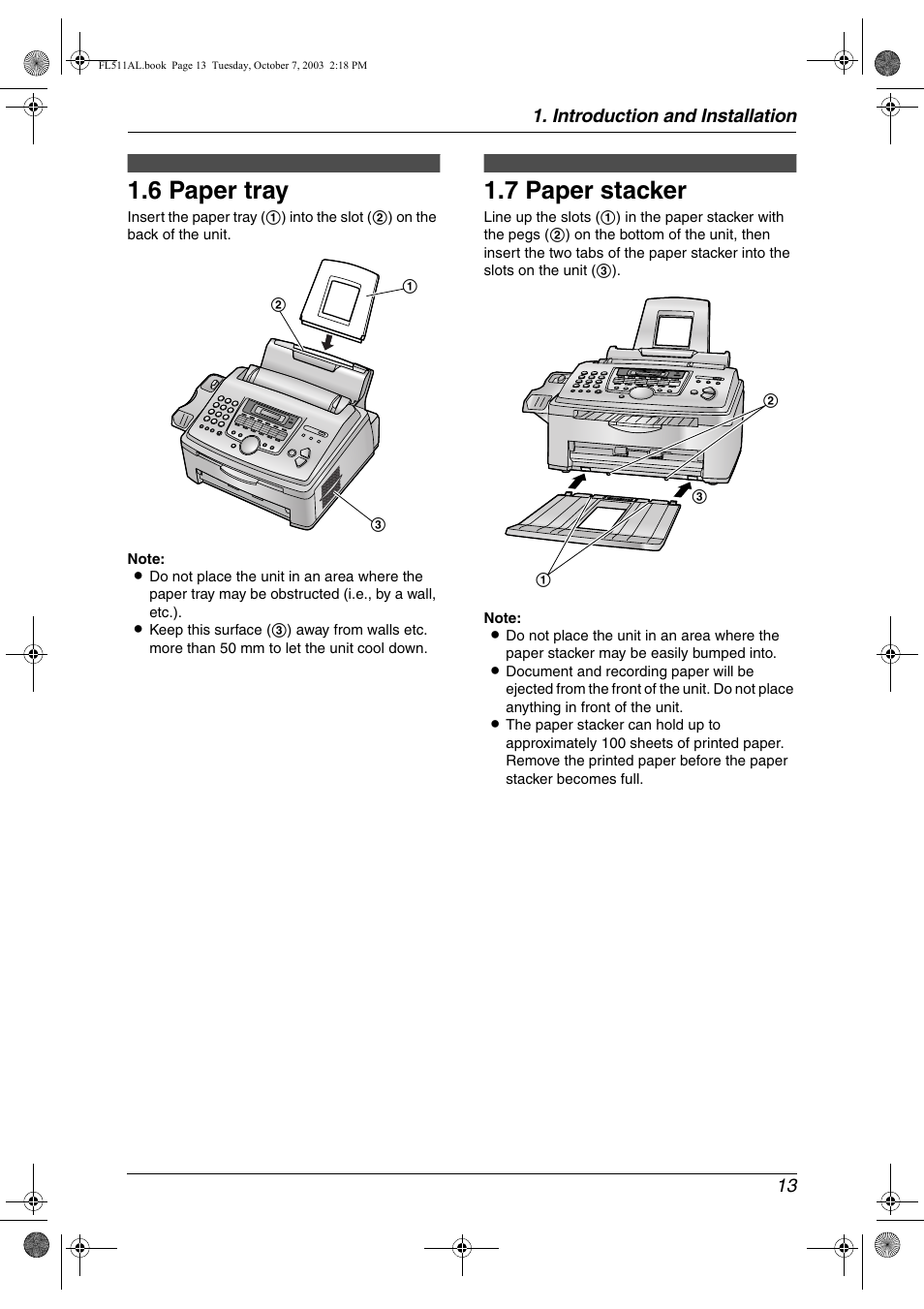6 paper tray, 7 paper stacker, Paper tray | Paper stacker, 6 paper tray, 7 paper stacker | Panasonic KX-FL511AL User Manual | Page 15 / 66