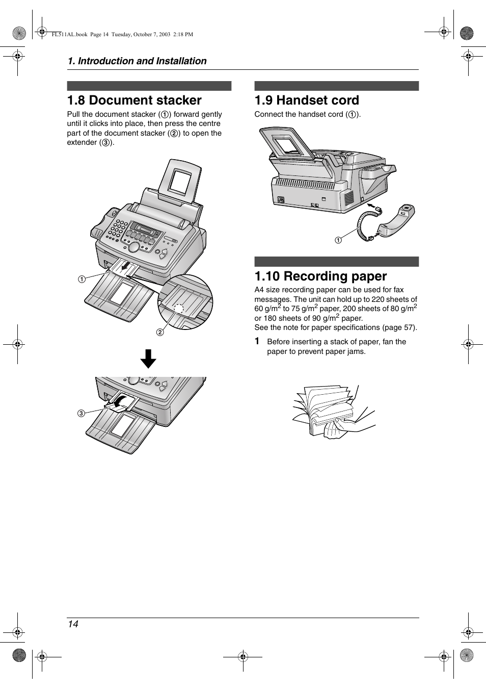 8 document stacker, 9 handset cord, 10 recording paper | Document stacker, Handset cord, Recording paper, 8 document stacker, 9 handset cord, 10 recording paper | Panasonic KX-FL511AL User Manual | Page 16 / 66