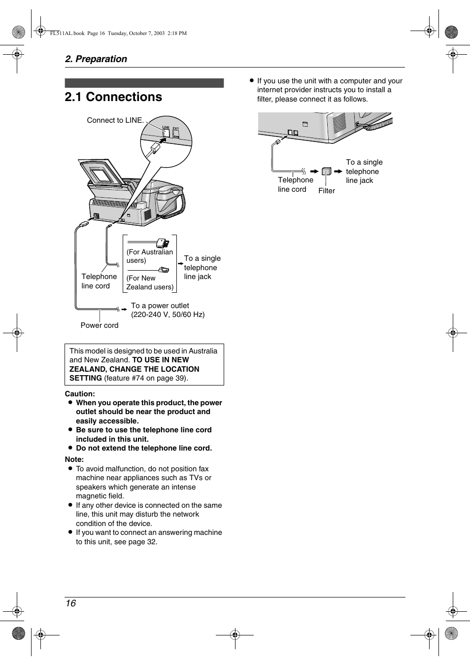 Preparation, Connections and setup, 1 connections | Connections, 1 connections, Preparation 16 | Panasonic KX-FL511AL User Manual | Page 18 / 66