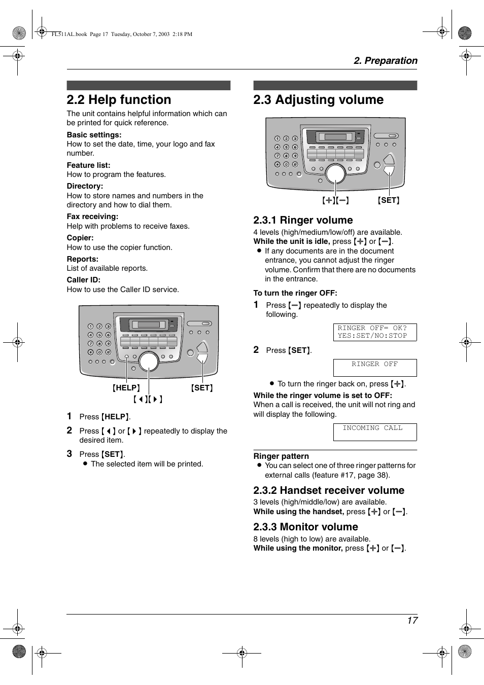 Help button, 2 help function, Volume | 3 adjusting volume, Initial programming, Help function, Adjusting volume, 2 help function, 3 adjusting volume, 1 ringer volume | Panasonic KX-FL511AL User Manual | Page 19 / 66