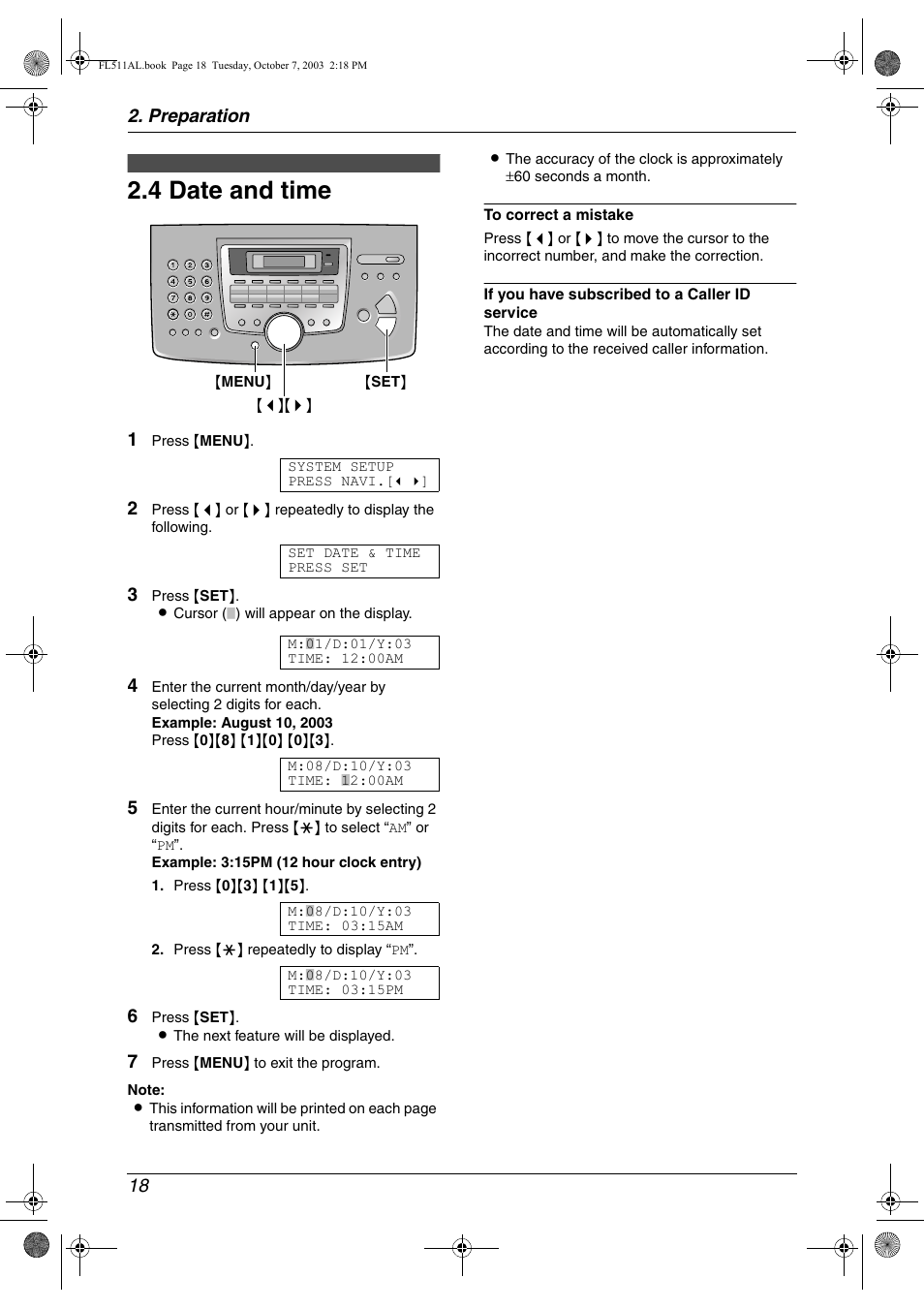 4 date and time, Date and time, 4 date and time | Panasonic KX-FL511AL User Manual | Page 20 / 66