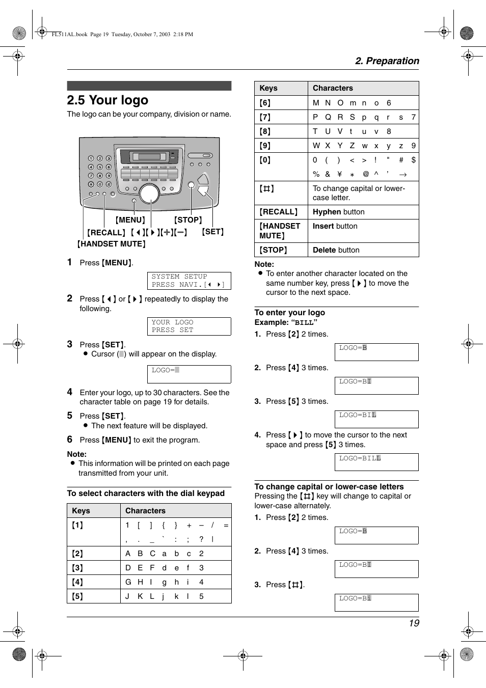 5 your logo, Your logo, 5 your logo | Preparation 19 | Panasonic KX-FL511AL User Manual | Page 21 / 66