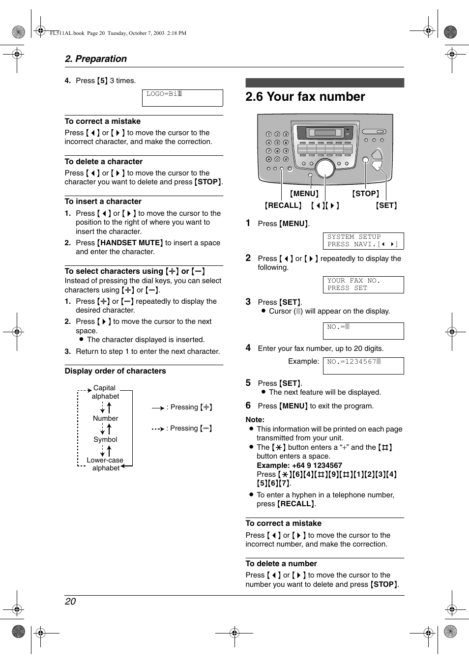 6 your fax number, Your fax number, 6 your fax number | Preparation 20 | Panasonic KX-FL511AL User Manual | Page 22 / 66