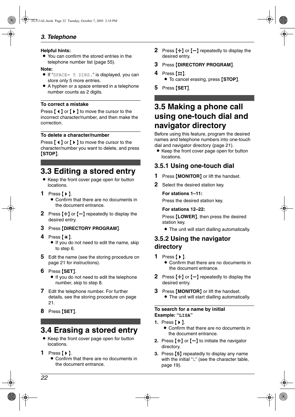 3 editing a stored entry, 4 erasing a stored entry, Editing a stored entry | Erasing a stored entry, 3 editing a stored entry, 4 erasing a stored entry, 1 using one-touch dial, 2 using the navigator directory | Panasonic KX-FL511AL User Manual | Page 24 / 66