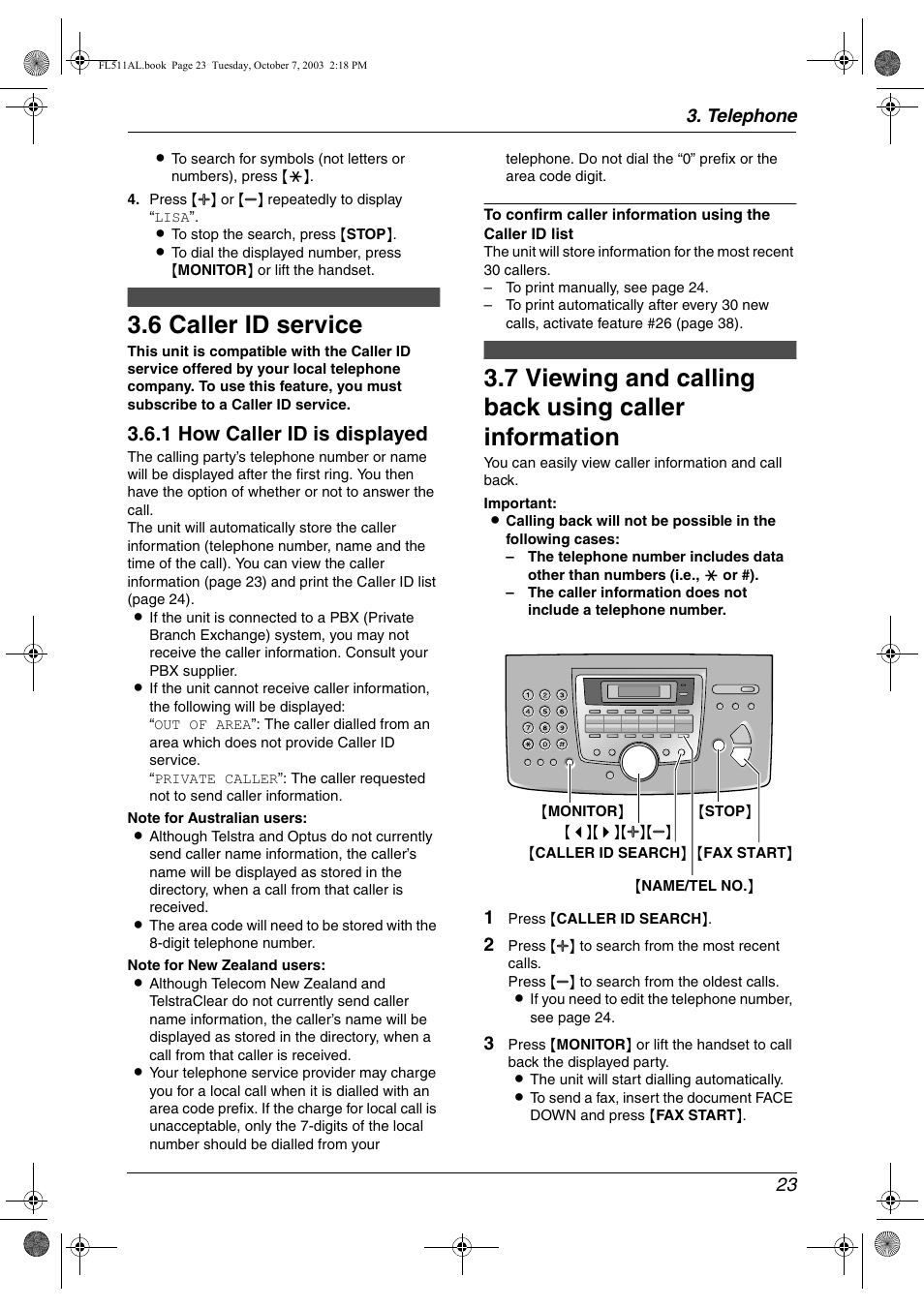 Caller id, 6 caller id service, Caller id service | Viewing and calling back using caller information, 6 caller id service, 1 how caller id is displayed, Telephone 23 | Panasonic KX-FL511AL User Manual | Page 25 / 66