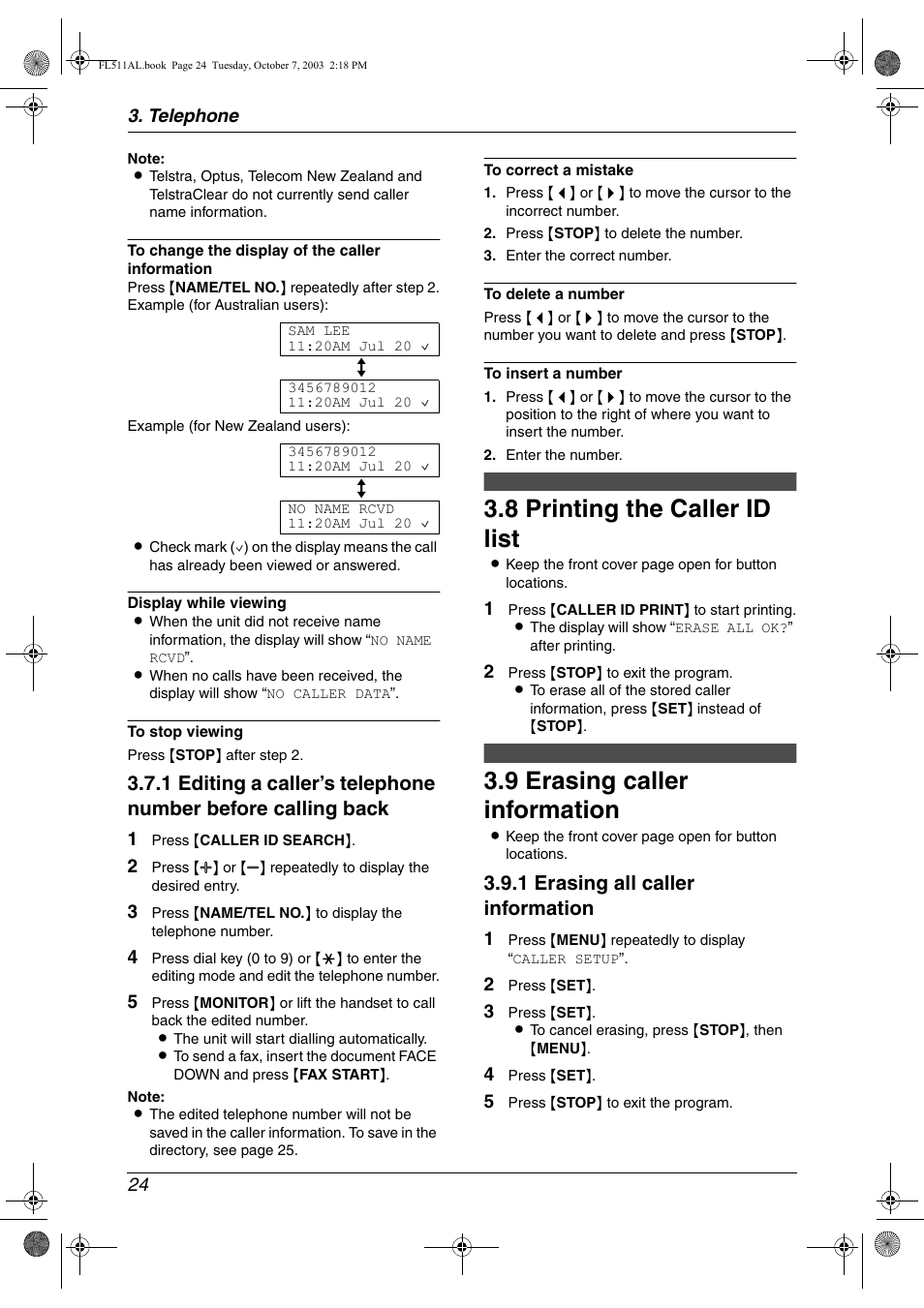 8 printing the caller id list, 9 erasing caller information, Printing the caller id list | Erasing caller information, 8 printing the caller id list, 9 erasing caller information, 1 erasing all caller information | Panasonic KX-FL511AL User Manual | Page 26 / 66