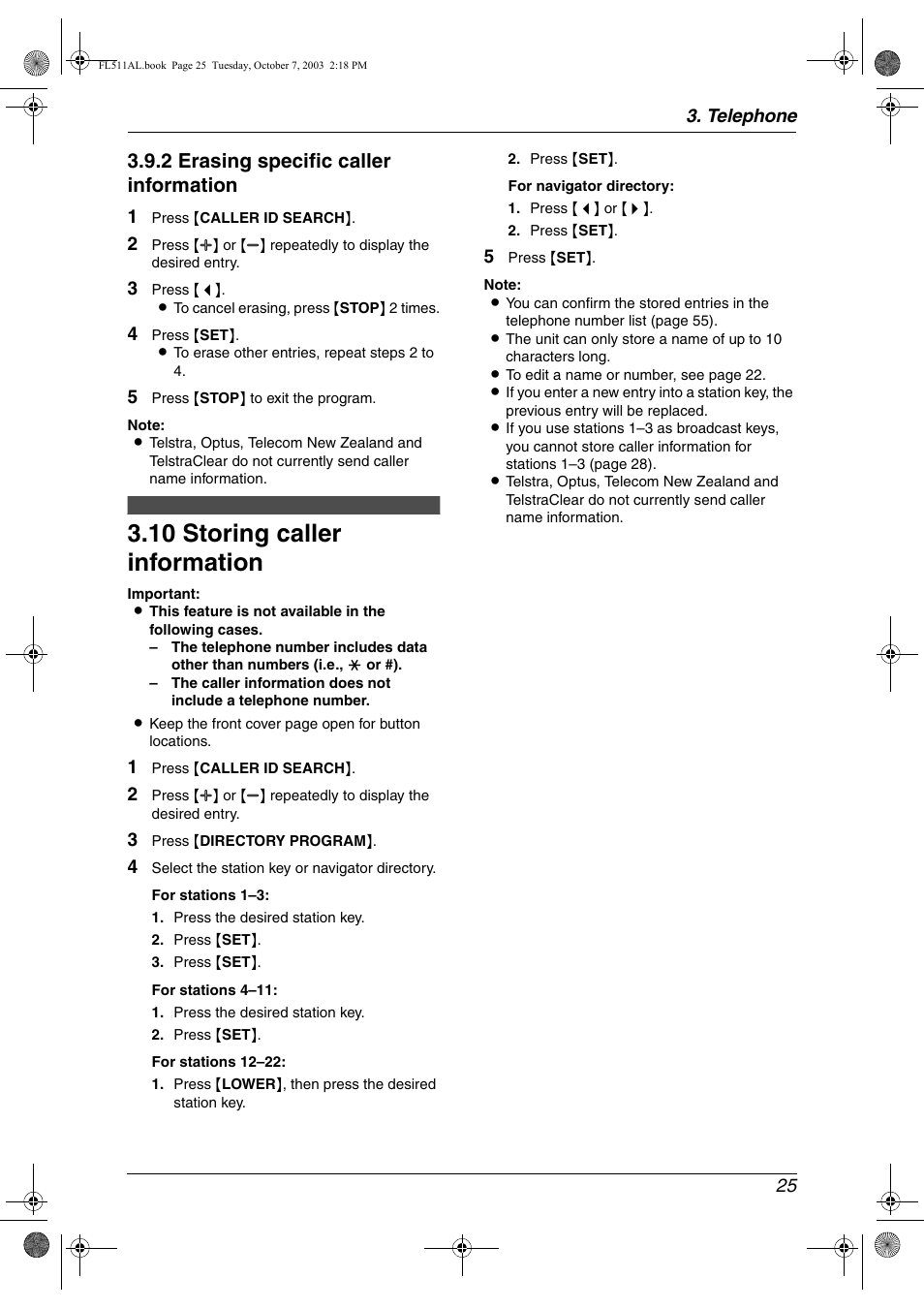 10 storing caller information, Storing caller information, 10 storing caller information | 2 erasing specific caller information | Panasonic KX-FL511AL User Manual | Page 27 / 66