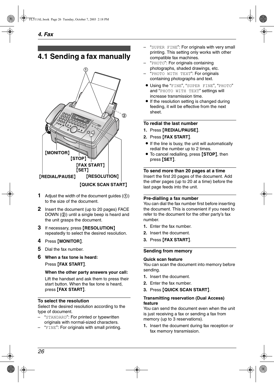 Sending faxes, 1 sending a fax manually, Sending a fax manually | 1 sending a fax manually, Fax 26 | Panasonic KX-FL511AL User Manual | Page 28 / 66
