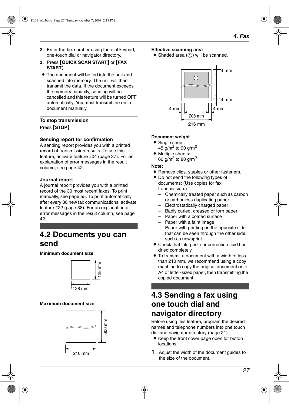 2 documents you can send, Documents you can send, 2 documents you can send | Fax 27 | Panasonic KX-FL511AL User Manual | Page 29 / 66