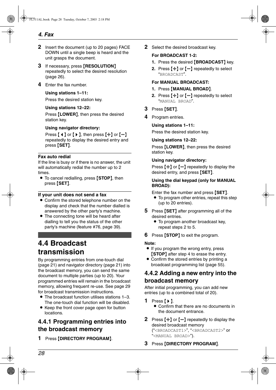 4 broadcast transmission, Broadcast transmission, 4 broadcast transmission | Panasonic KX-FL511AL User Manual | Page 30 / 66
