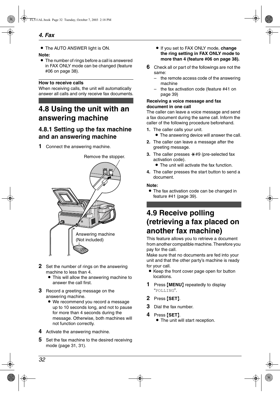 8 using the unit with an answering machine, Using the unit with an answering machine, 8 using the unit with an answering machine | Panasonic KX-FL511AL User Manual | Page 34 / 66