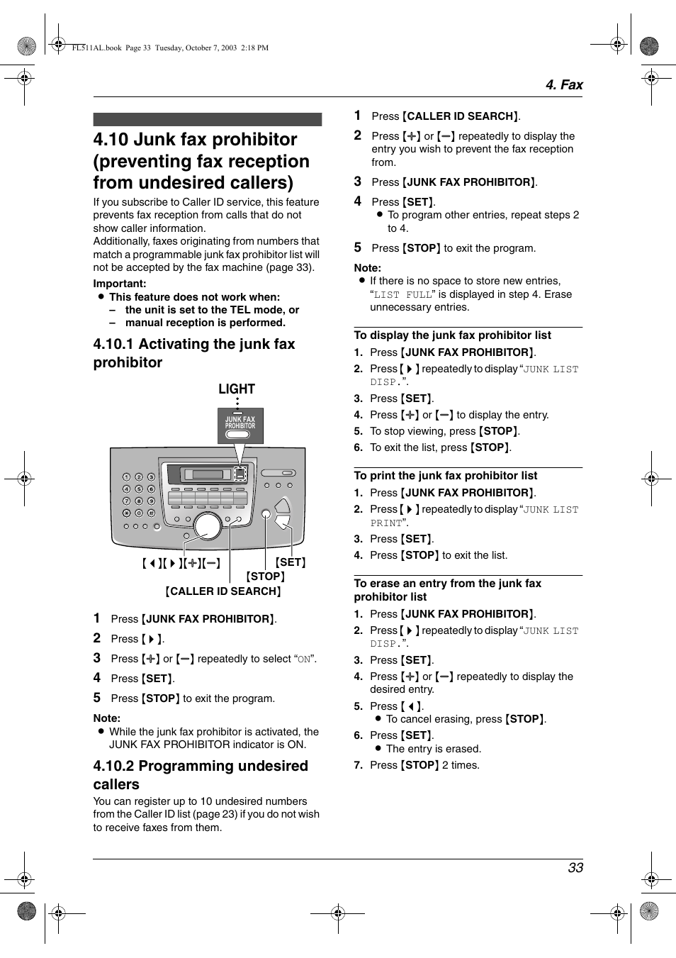 Junk fax prohibitor (preventing fax, Reception from undesired callers), 1 activating the junk fax prohibitor | 2 programming undesired callers | Panasonic KX-FL511AL User Manual | Page 35 / 66