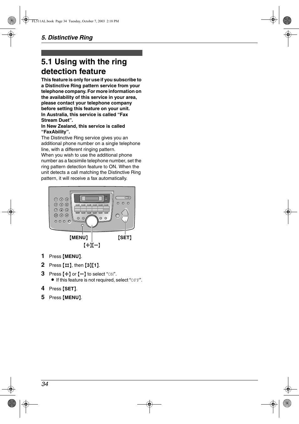 Distinctive ring, 1 using with the ring detection feature, Using with the ring detection feature | 1 using with the ring detection feature, Distinctive ring 34 | Panasonic KX-FL511AL User Manual | Page 36 / 66