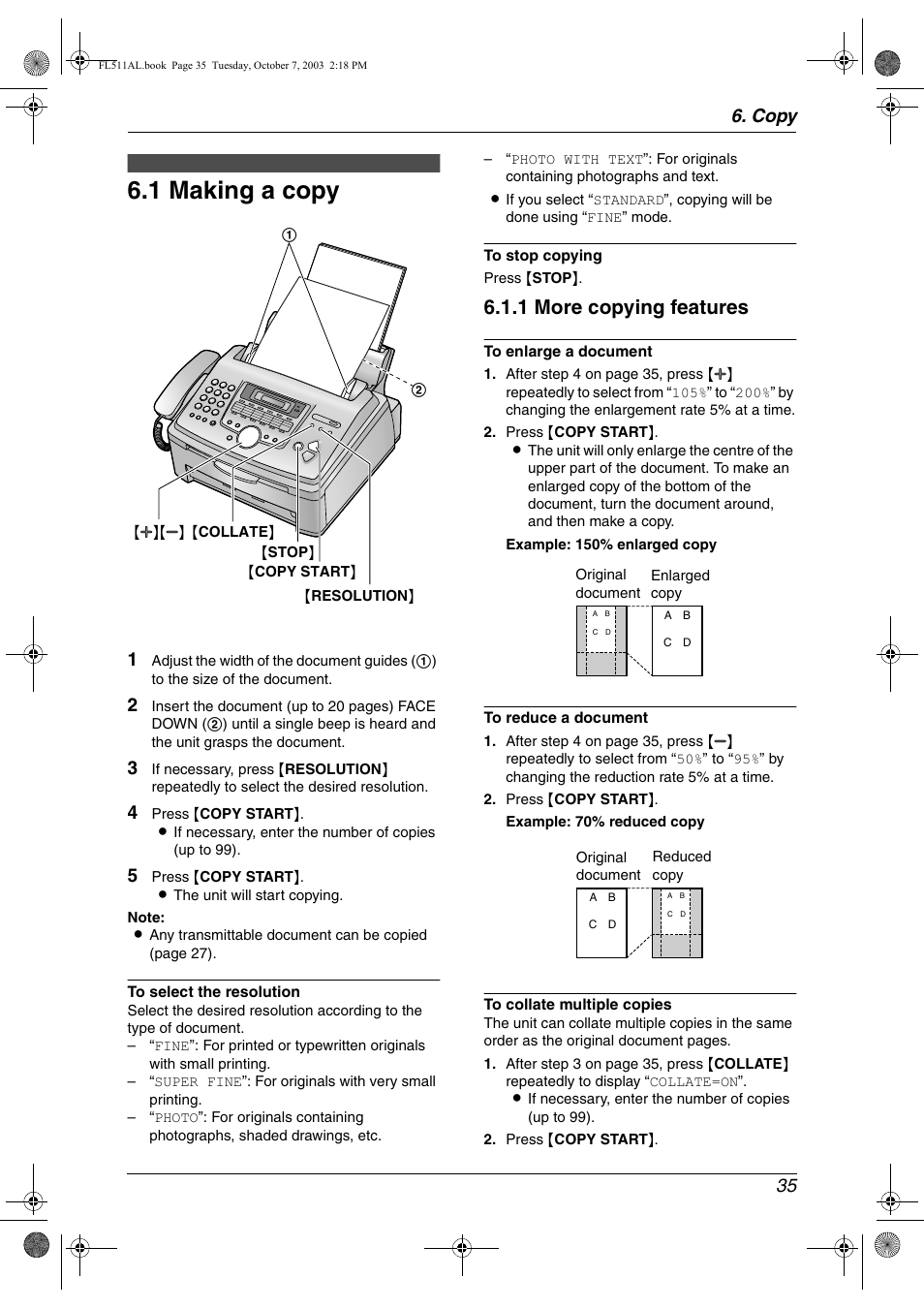 Copy, Copying, 1 making a copy | Making a copy, 1 making a copy, 1 more copying features, Copy 35 | Panasonic KX-FL511AL User Manual | Page 37 / 66