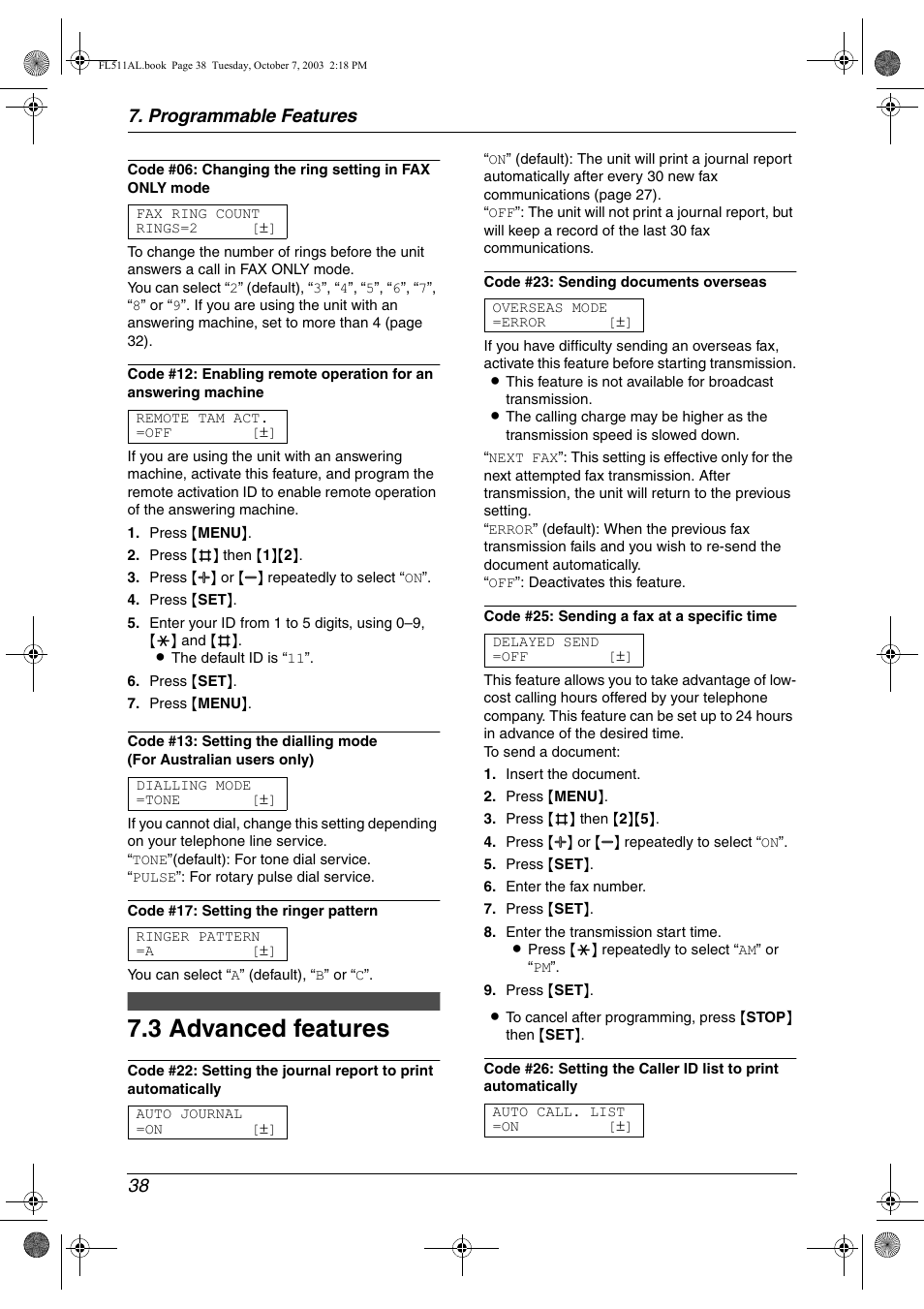 3 advanced features, Advanced features, 3 advanced features | Programmable features 38 | Panasonic KX-FL511AL User Manual | Page 40 / 66