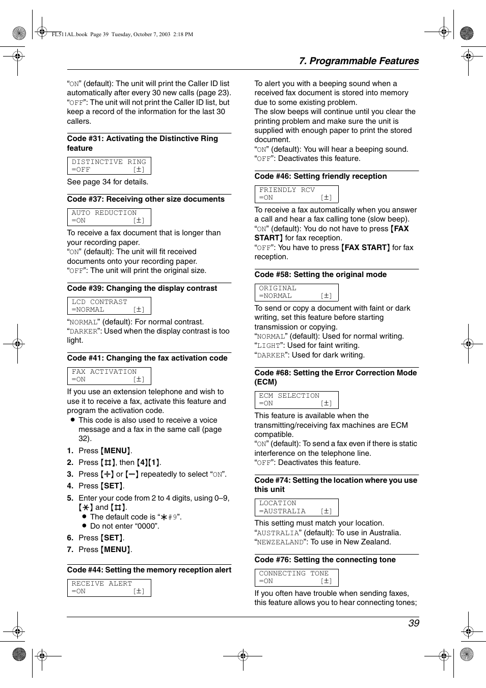 Programmable features 39 | Panasonic KX-FL511AL User Manual | Page 41 / 66