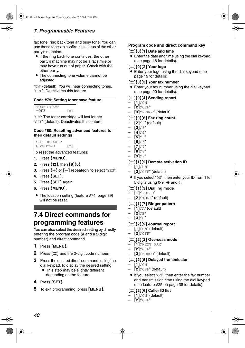 4 direct commands for programming features, Direct commands for programming features, 4 direct commands for programming features | Programmable features 40 | Panasonic KX-FL511AL User Manual | Page 42 / 66