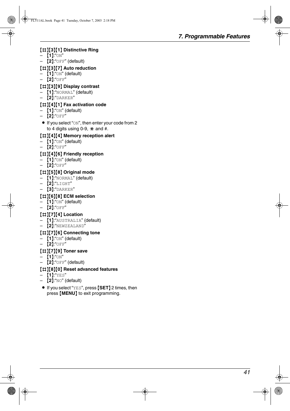 Programmable features 41 | Panasonic KX-FL511AL User Manual | Page 43 / 66