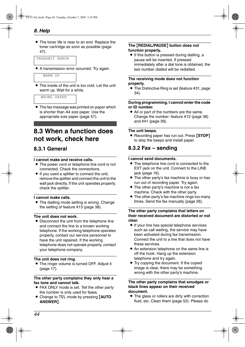 Frequently asked questions, 3 when a function does not work, check here, When a function does not work, check here | 3 when a function does not work, check here, 1 general, 2 fax – sending, Help 44 | Panasonic KX-FL511AL User Manual | Page 46 / 66