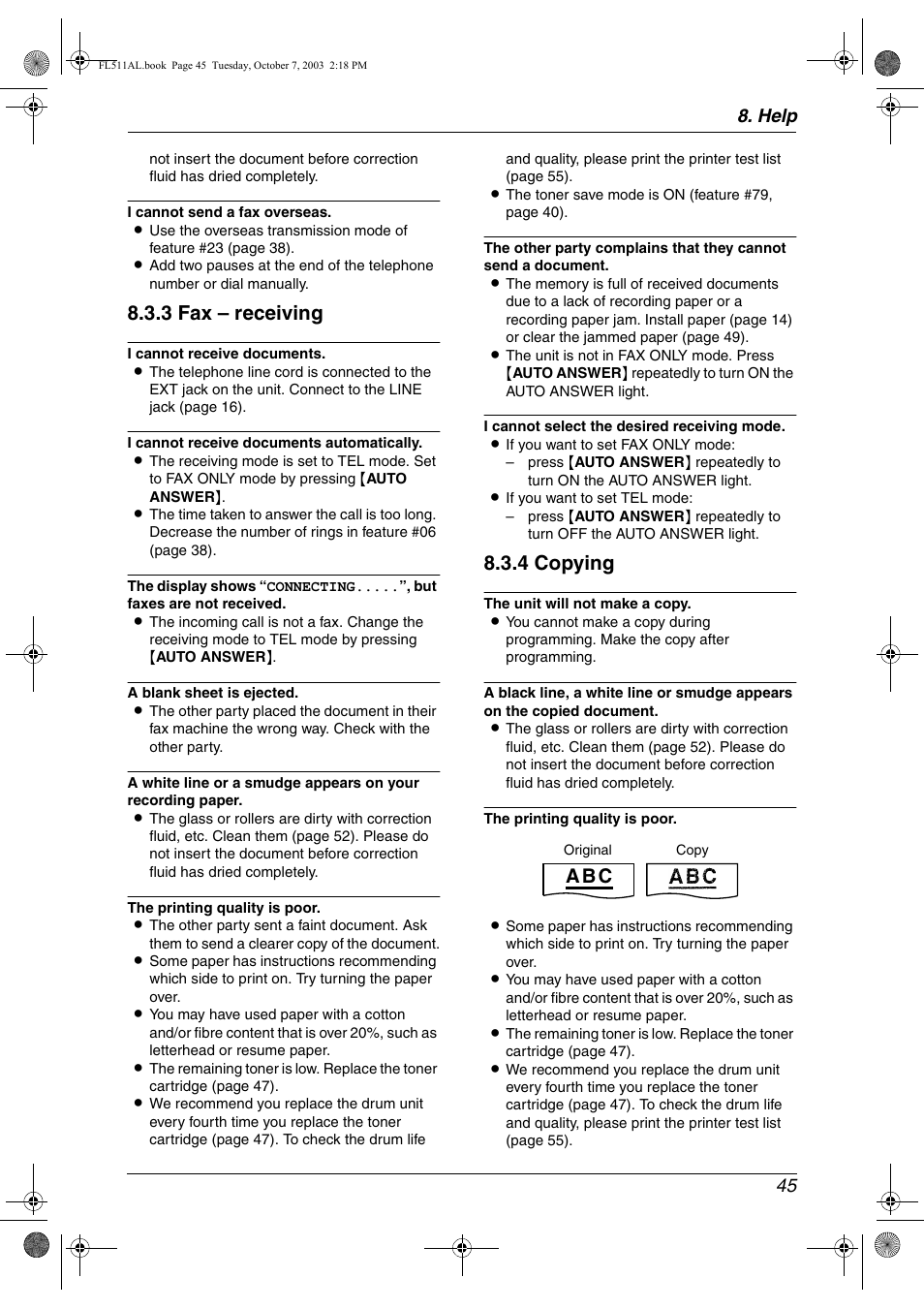 3 fax – receiving, 4 copying, A b c | Help 45 | Panasonic KX-FL511AL User Manual | Page 47 / 66