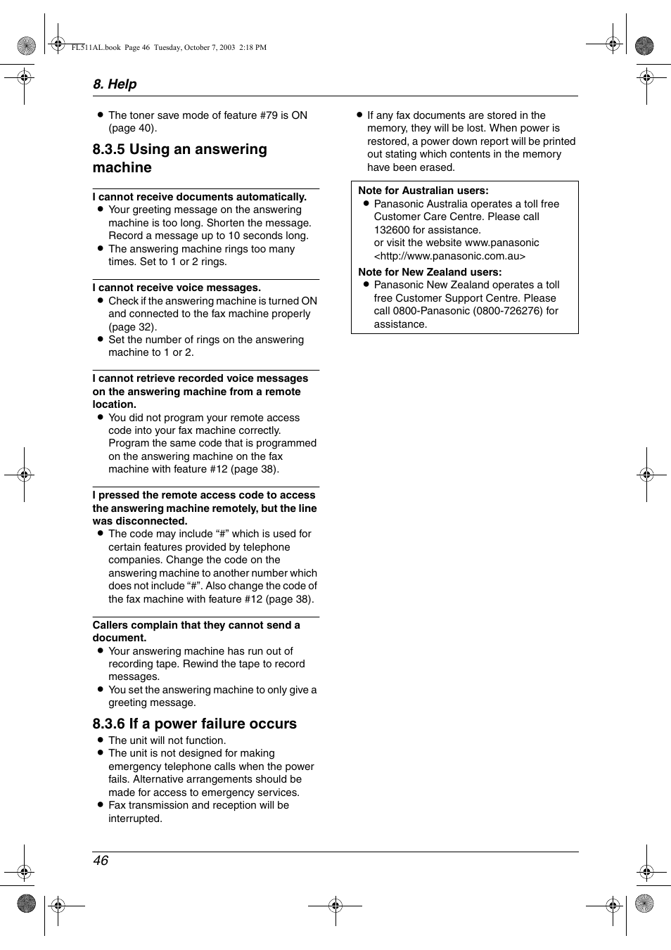 5 using an answering machine, 6 if a power failure occurs, Help 46 | Panasonic KX-FL511AL User Manual | Page 48 / 66