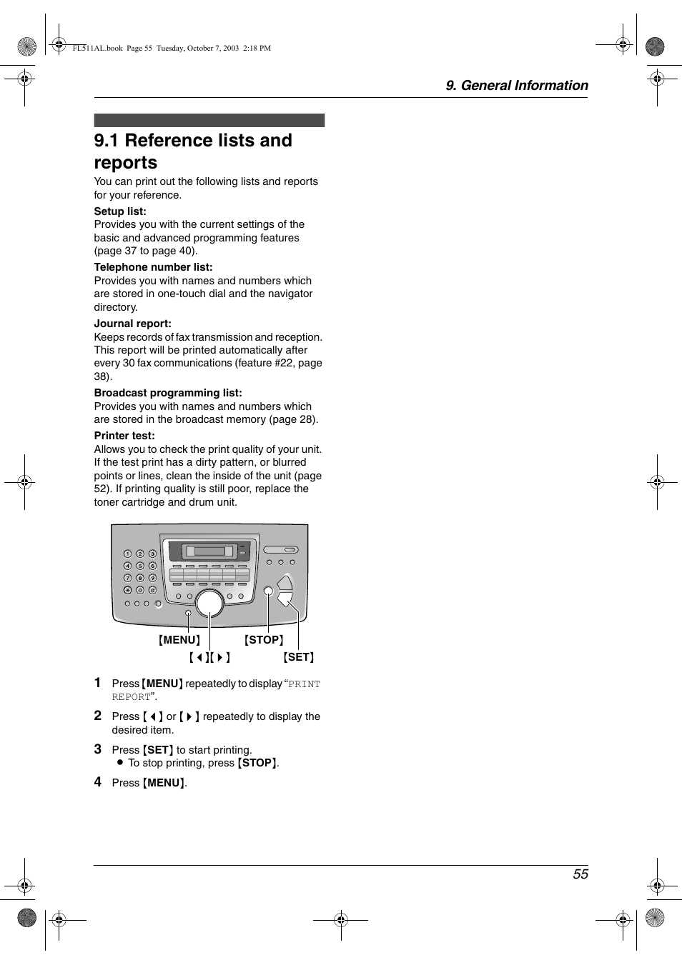 General information, Printed reports, 1 reference lists and reports | Specifications, Reference lists and reports, 1 reference lists and reports, General information 55 | Panasonic KX-FL511AL User Manual | Page 57 / 66
