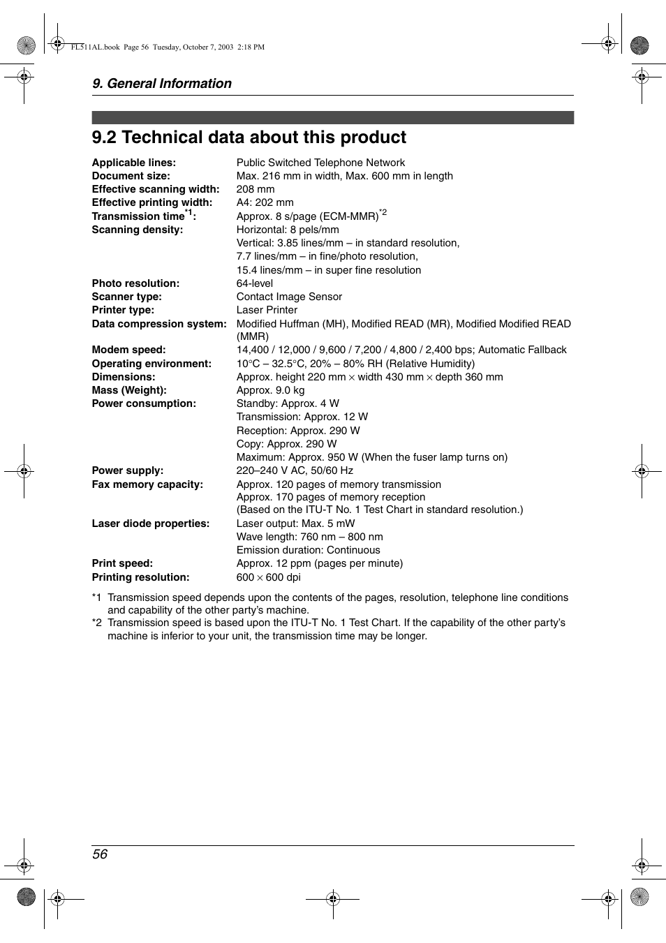 2 technical data about this product, Technical data about this product, 2 technical data about this product | General information 56 | Panasonic KX-FL511AL User Manual | Page 58 / 66