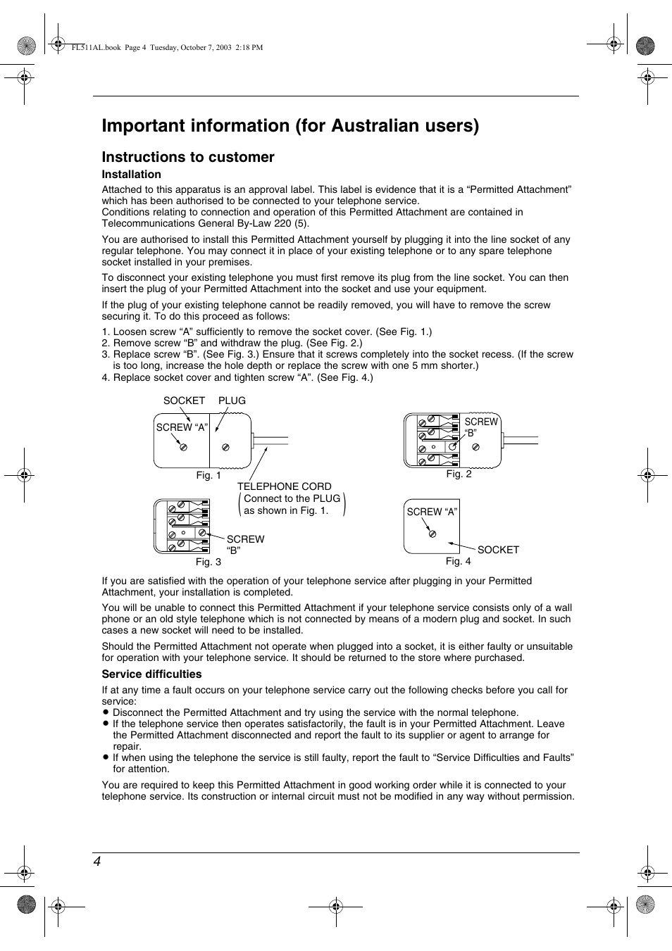 Important information (for australian users), Instructions to customer | Panasonic KX-FL511AL User Manual | Page 6 / 66