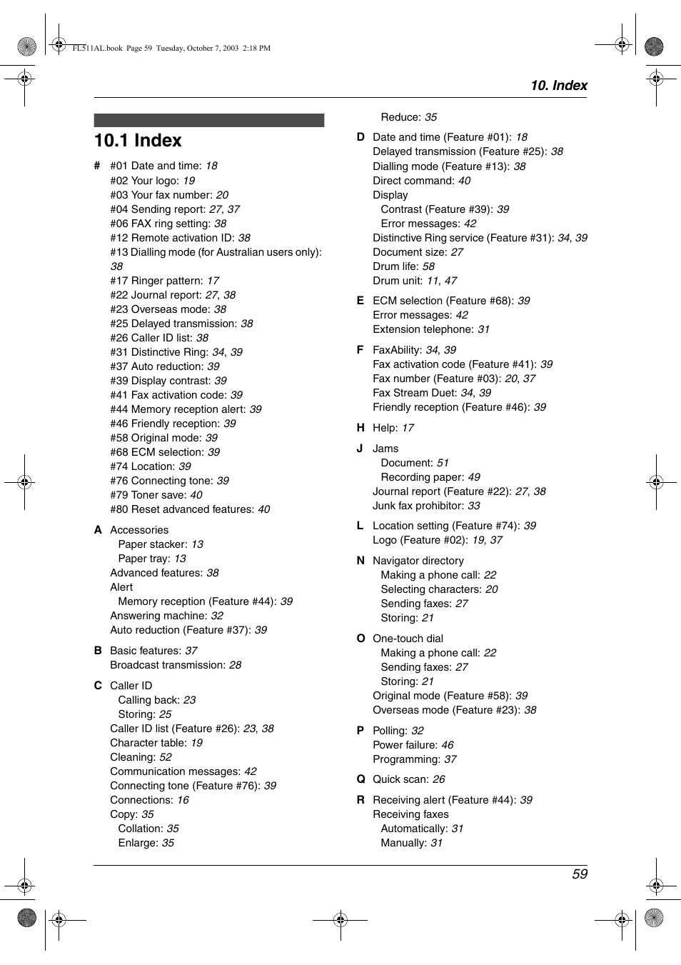 Index, 1 index, Index 59 | Panasonic KX-FL511AL User Manual | Page 61 / 66