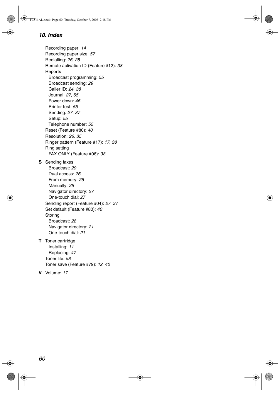 Index 60 | Panasonic KX-FL511AL User Manual | Page 62 / 66
