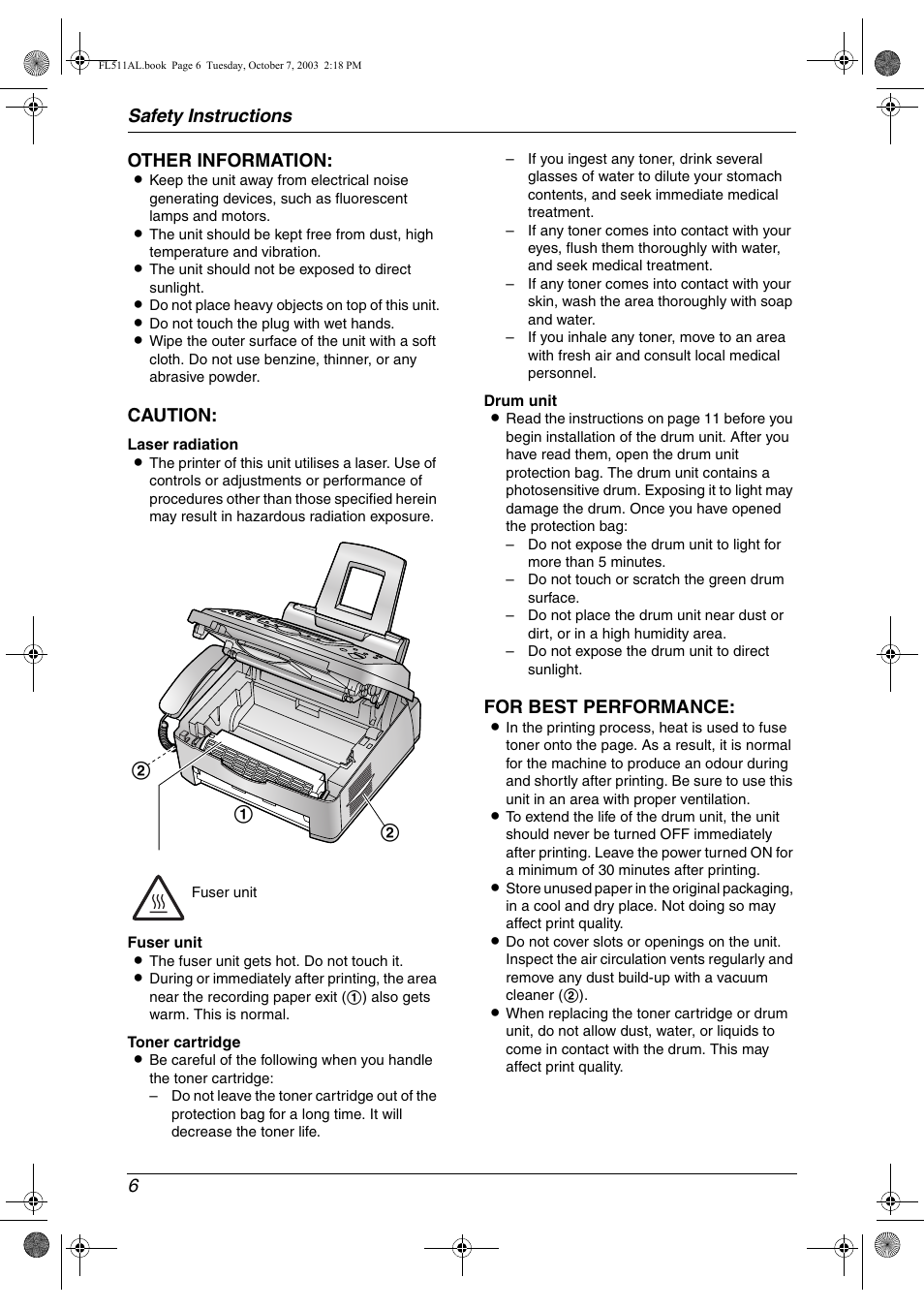 Safety instructions 6 other information, Caution, For best performance | Panasonic KX-FL511AL User Manual | Page 8 / 66