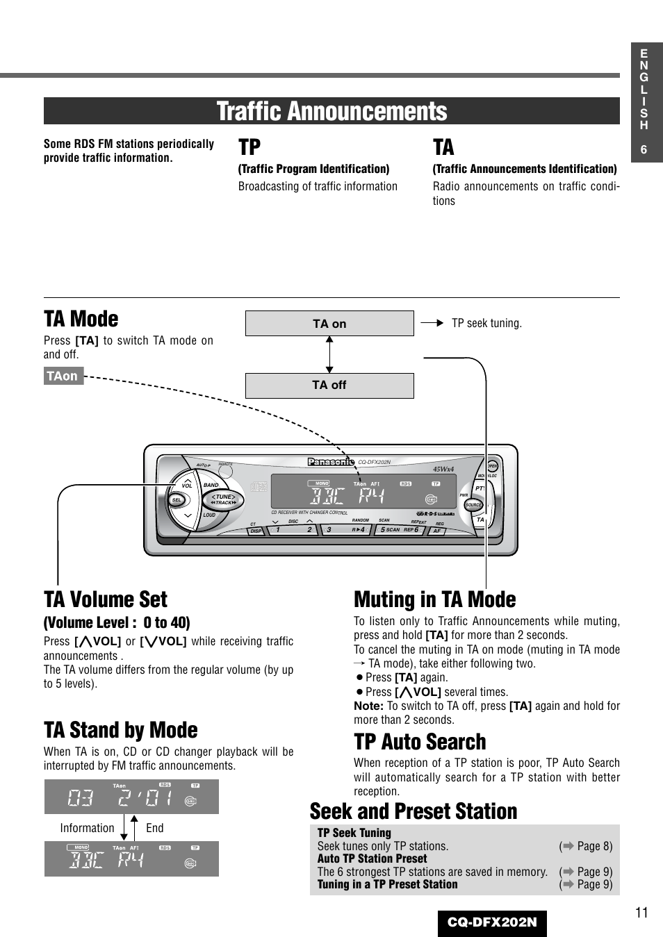 Traffic announcements, Ta volume set, Ta stand by mode | Muting in ta mode, Tp auto search, Ta mode, Seek and preset station, Volume level : 0 to 40), Cq-dfx202n | Panasonic CQ-DFX202N User Manual | Page 11 / 24