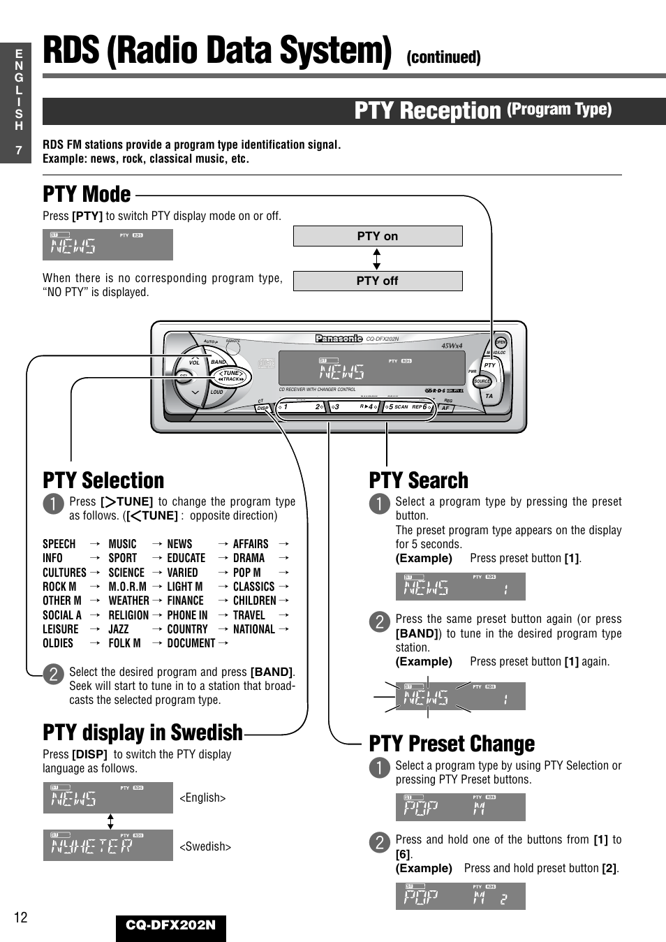 Rds (radio data system), Pty reception, Pty mode | Pty selection q, Pty display in swedish, Pty search q, Pty preset change q, Continued), Program type), Cq-dfx202n | Panasonic CQ-DFX202N User Manual | Page 12 / 24