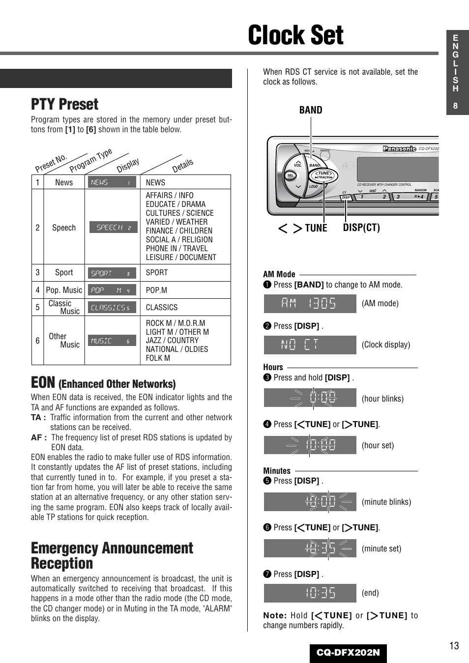 Clock set, Pty preset, Emergency announcement reception | No ct, Am 1305, Enhanced other networks), Band disp(ct) ] [ tune | Panasonic CQ-DFX202N User Manual | Page 13 / 24