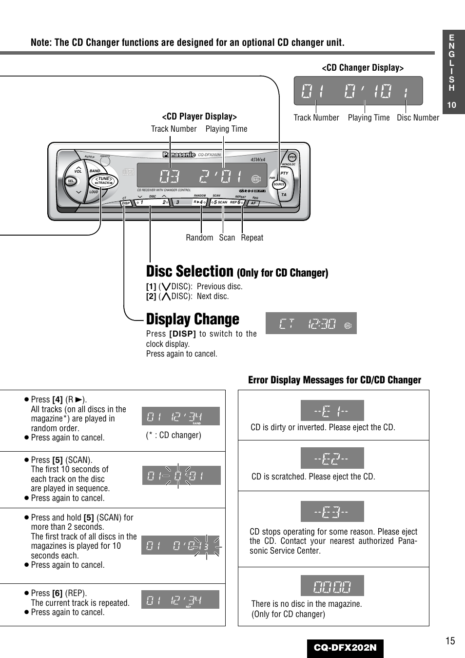 Disc selection, Display change, Only for cd changer) | Error display messages for cd/cd changer, Cd player display, Cq-dfx202n, Cd changer display, 1] ({disc): previous disc. [2] (}disc): next disc, Track number, Random scan repeat playing time | Panasonic CQ-DFX202N User Manual | Page 15 / 24