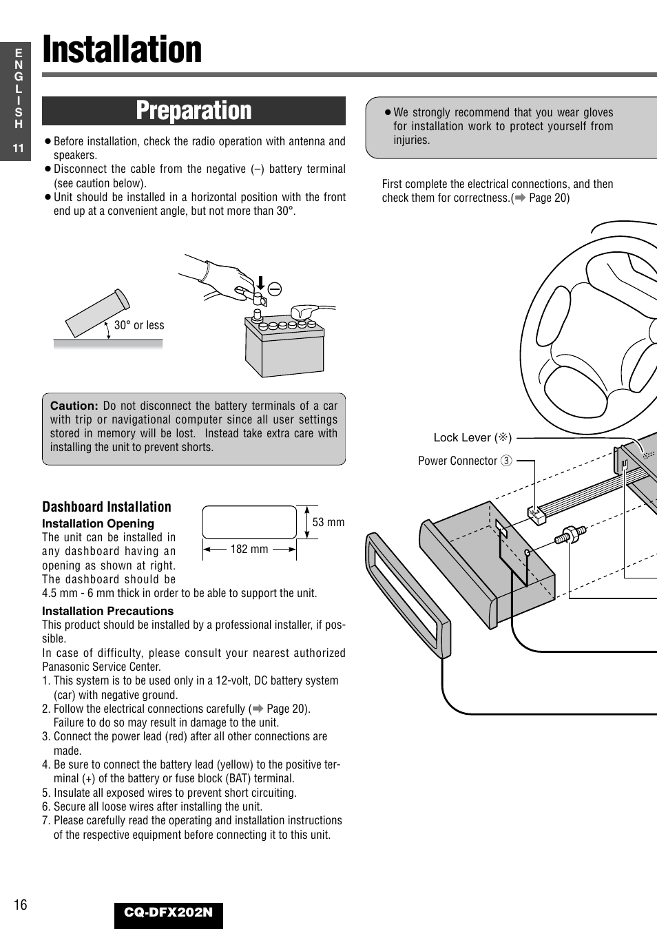 Installation, Preparation | Panasonic CQ-DFX202N User Manual | Page 16 / 24